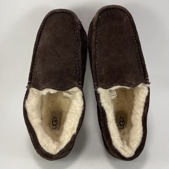 UGG Ascot Shearling Lined Slippers Mens Size 7 Brown Suede Slip In Moccasins - Picture 5 of 9